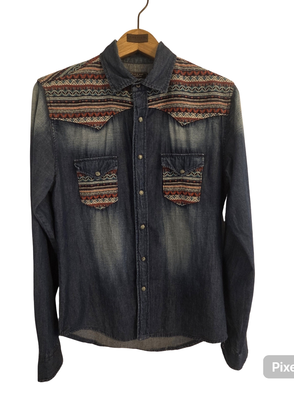 Zara Blue Denim Button-Down Shirt with Multicolor Aztec Yoke